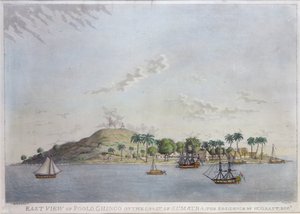 Østutsikt over Poolo Chinco på kysten av Sumatra, boligen til W. Grant Esq., gravert av James Moffat, 1802 (håndfarget akvatint)